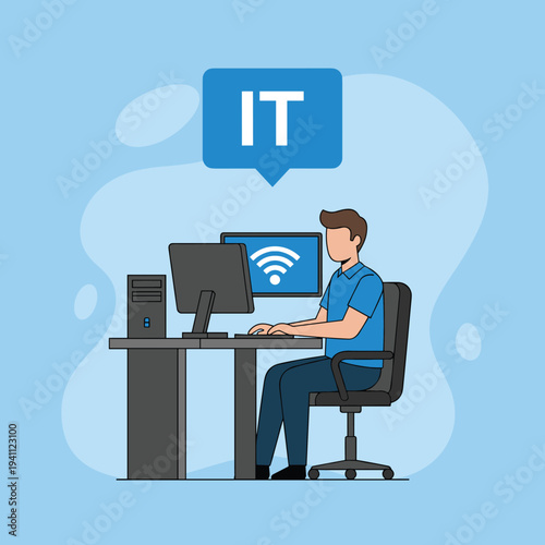 IT professional working on desktop computer with wireless network connection, information technology support specialist concept, modern office tech service vector illustration