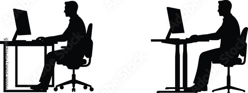 Office worker sitting at desk using desktop computer silhouette, professional workplace concept with businessman typing and working on monitor vector illustration