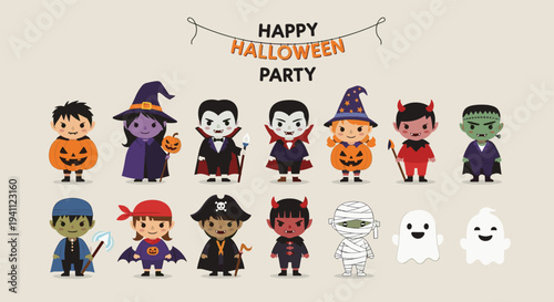 Large group of diverse children in halloween costumes including monsters witches and ghosts celebrate together at a happy halloween party.