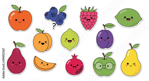 Collection of cute fruit stickers features various happy faces on items like an apple blueberry raspberry plum pear and pomegranate for kids.