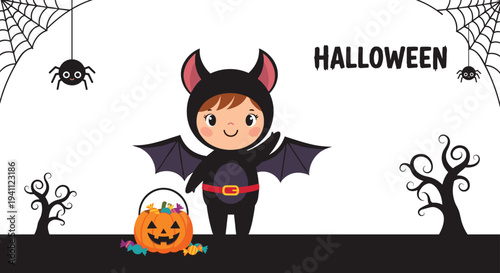 Cute little boy in a bat costume for halloween stands between spooky trees with a pumpkin bucket filled with sweet candy on white background.