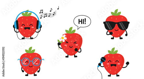 Diverse set of strawberry characters displays different moods and activities including listening to music singing and greeting with a flower.