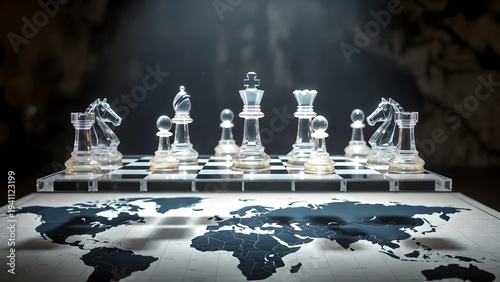 Glass chess pieces on world map board for global strategy
