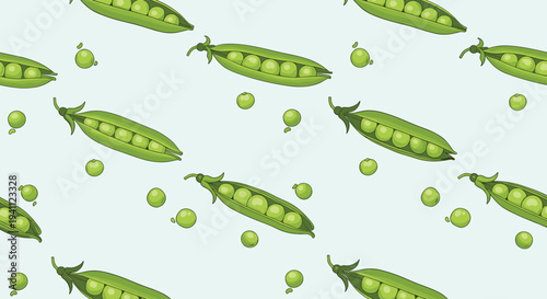 Vibrant seamless pattern featuring green pea pods and individual peas scattered across a light green background for design projects.