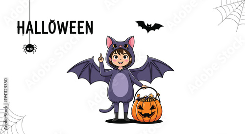 Cheerful young girl wearing a purple bat costume and holding a pumpkin basket filled with candies for a happy Halloween.