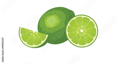 Detailed illustration of a fresh whole lime alongside two juicy slices isolated on a clean white background for culinary use.