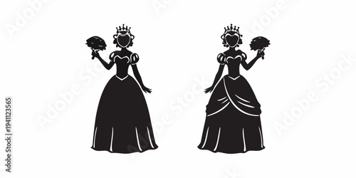 Two elegant women in vintage dresses holding ornate hand mirrors