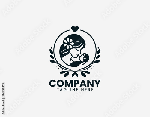 Loving mother kissing newborn baby with floral frame in clean modern motherhood vector illustration