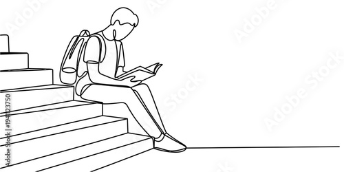 Minimal one line drawing student sitting stairs using smartphone