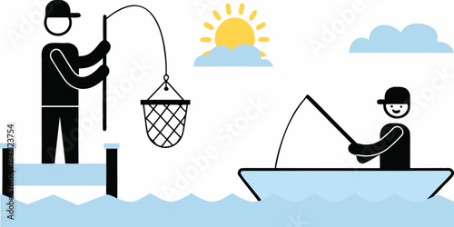 Two fishermen enjoying a sunny day with a net and a catch