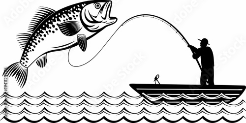 A fisherman reels in a large spotted fish from a small boat