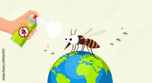 Global effort to combat mosquito infestation, depicting a hand spraying repellent on a large mosquito standing on the Earth, emphasizing worldwide disease prevention