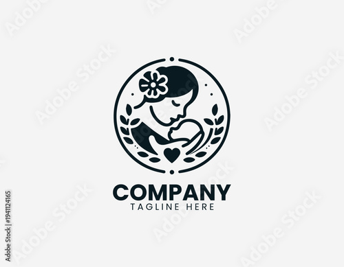 Loving mother kissing newborn baby with floral frame in clean modern motherhood vector illustration