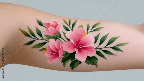 Pink hibiscus flowers tattoo on arm skin