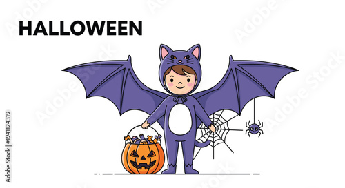 Cheerful boy wearing a purple bat costume and holding a pumpkin basket full of candy for a fun Halloween night.