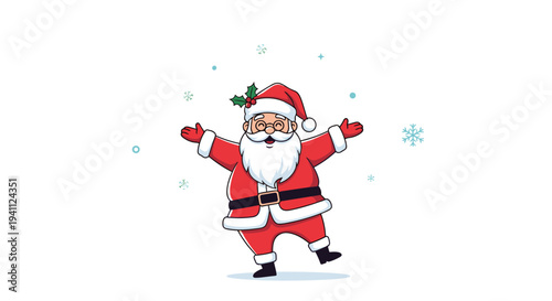 Jolly Santa Claus wearing his red suit and hat with arms outstretched in a joyful gesture under falling snowflakes.