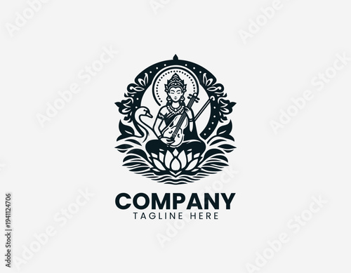 Seated female deity playing classical instrument on lotus with swan in clean modern cultural vector illustration