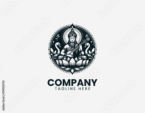 Seated female deity playing classical instrument on lotus with swan in clean modern cultural vector illustration