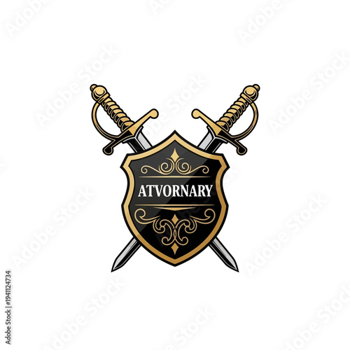 Emblem of Crossed Swords and Golden Ornate Shield Logo Design on White