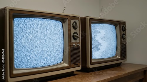 Vintage TVs on Wooden Shelf Static.