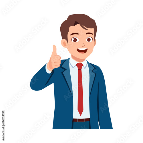 A happy Asian man in a blue suit smiling and giving a thumbs up gesture with an enthusiastic and positive mood