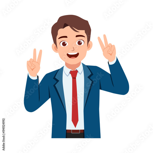 Young Asian man smiling cheerfully making victory peace hand sign gesture wearing business suit