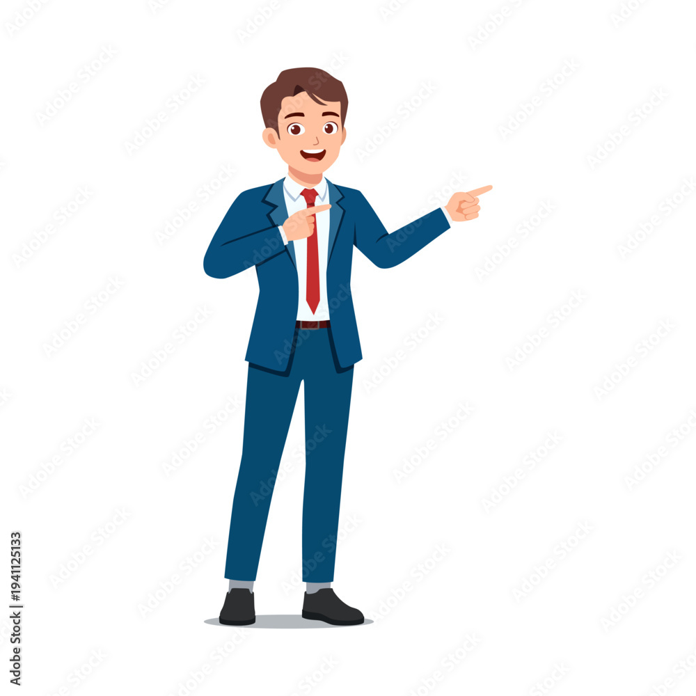 Fototapeta premium Cheerful Asian Businessman Smiling Pointing Right with Both Hands Happy Professional Man Guiding Forward