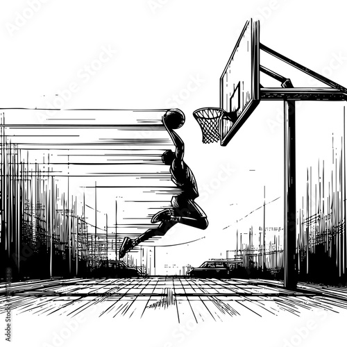 Basketball player is leaping into the air to take a shot at the basketball hoop. The ball is suspended in the air, and the player is in the midst of his jump. The scene captures the intensity