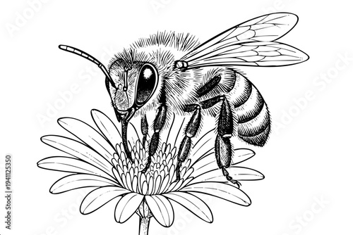Black and white drawing of a bee on a flower. The bee is on the flower and has its head down
