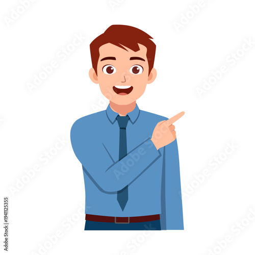 Happy young Caucasian man in a blue shirt and tie smiling widely cheerfully pointing his right hand index finger to the side with a friendly expression