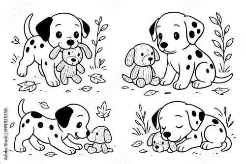 Four adorable black and white dogs and a teddy bear. The dogs are all playing with the teddy bear, with one of them even holding it in its mouth