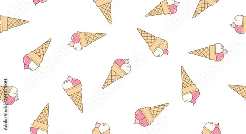 Seamless pattern of colorful ice cream cones with pink and white scoops on a plain white background for design.