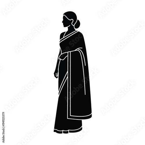 Elegant pregnant woman silhouette in flowing maternity gown standing gracefully against minimalist background