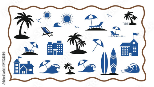 A collection of blue and black travel icons on a white background