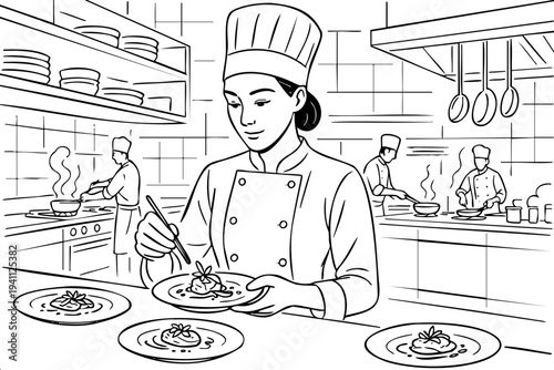 Woman chef is preparing food in a kitchen. There are other people in the kitchen as well