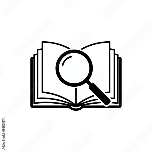 Open book with magnifying glass icon minimalist design on transparent background silhouette
