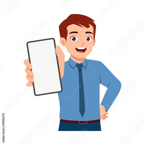 A happy smiling young man holding up a blank smartphone screen wearing a blue shirt and tie