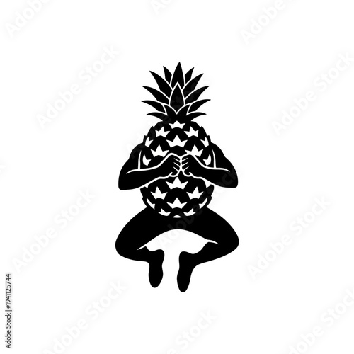 Meditating pineapple person in lotus position on transparent background silhouette