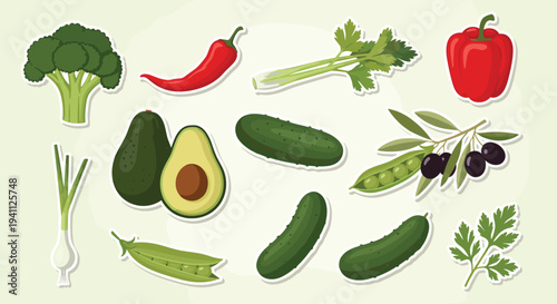 Collection of healthy vegetable stickers with white borders including broccoli, avocado, pepper, and cucumber on light background.