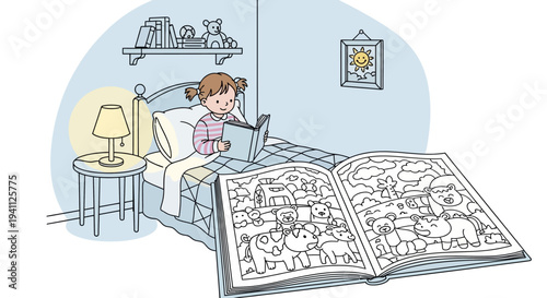 Little girl reading a coloring book.