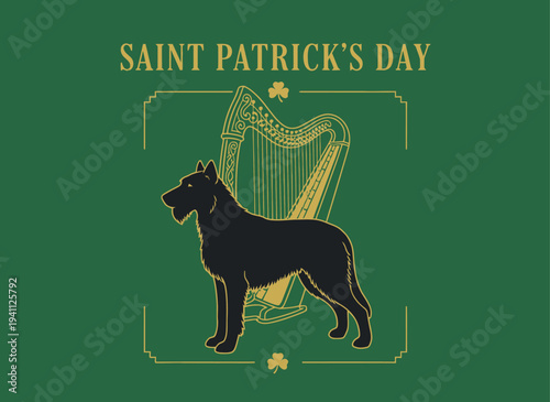 Saint patrick s day illustration with irish wolfhound and harp silhouette on transparent background