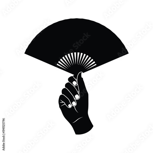 Black traditional hand fan held elegantly isolated on white background minimalist design concept
