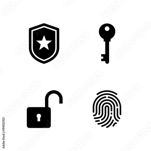 Security icons featuring a shield key lock and fingerprint silhouette on transparent background