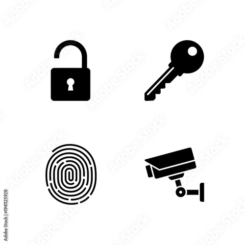 Security icons featuring a lock key fingerprint and camera on transparent background silhouette