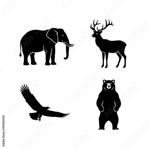 Black silhouettes of elephant deer eagle and bear on transparent background