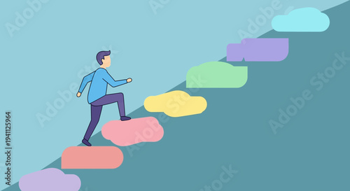 Businessman climbing up colorful steps.