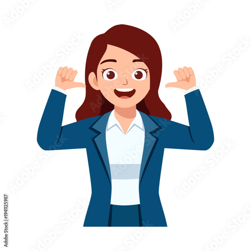 Young happy smiling woman in business suit proudly pointing thumbs at herself with confident expression