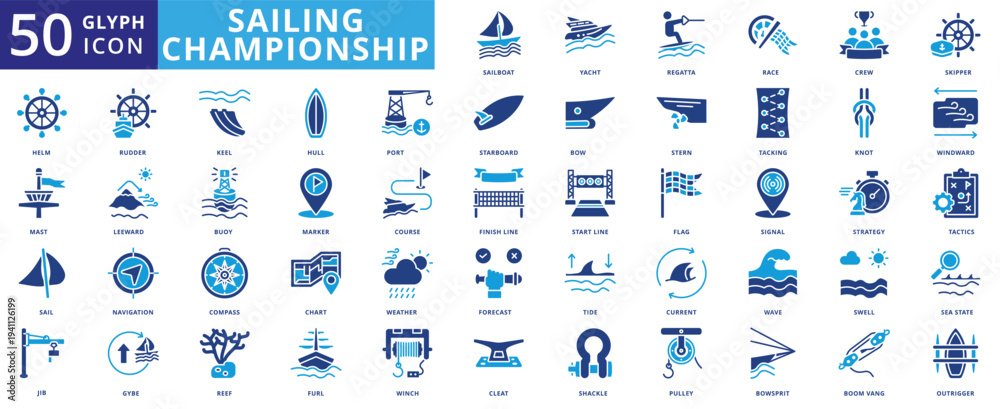 Fototapeta premium sailing championship icon pack contains boom vang, bow, regatta, bowsprit, sailboat, yacht, race, crew, skipper, helm, mast, sail, jib, rudder, furl, gybe