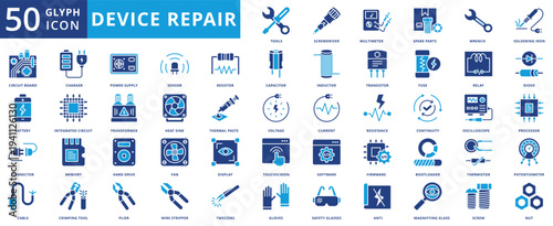 device repair icon pack contains battery, cable, capacitor, resistor, thermistor, oscilloscope, multimeter, potentiometer, transistor, transformer, circuit board, diode, fan, current
