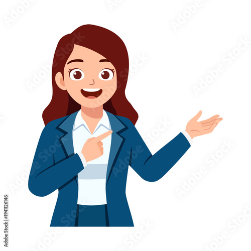 Smiling professional woman pointing and presenting with open hand gesture looking directly at viewer illustration